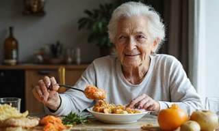 Anziano che mangia un pasto equilibrato