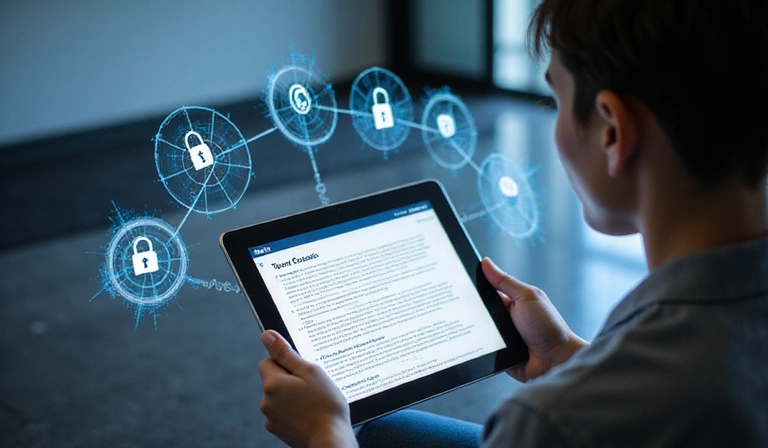 Immagine di una persona che legge Termini e Condizioni su un tablet, con icone di copyright e sicurezza intorno.
